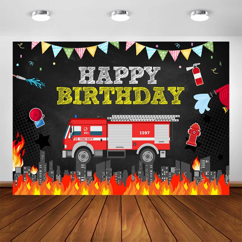 Firetruck Birthday Party Backdrop Fireman Fire Truck Firefighter Boy Birthday Decoration Photo Booth Photography Background