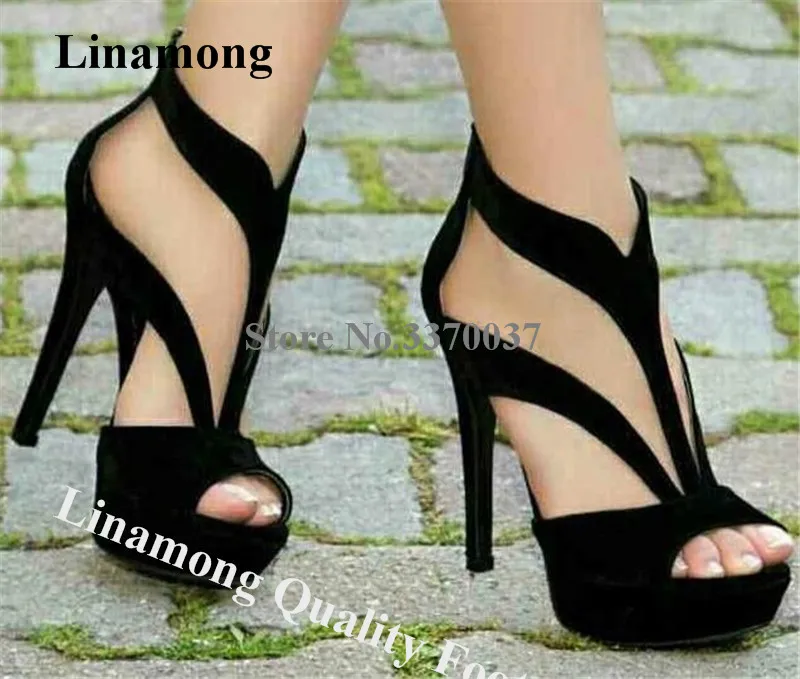 

Linamong Elegant Open Toe Suede High Platform Stiletto Heel Gladiator Sandals Black T-straps High Heel Sandals Wedding Heels