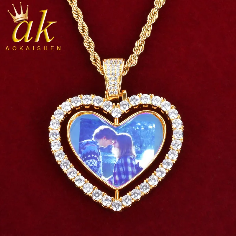 

Aokaishen Rotating Pendant Custom Photo Projection Men Necklace Picture Medallion Real Gold Plated Hip Hop Jewelry Iced Out