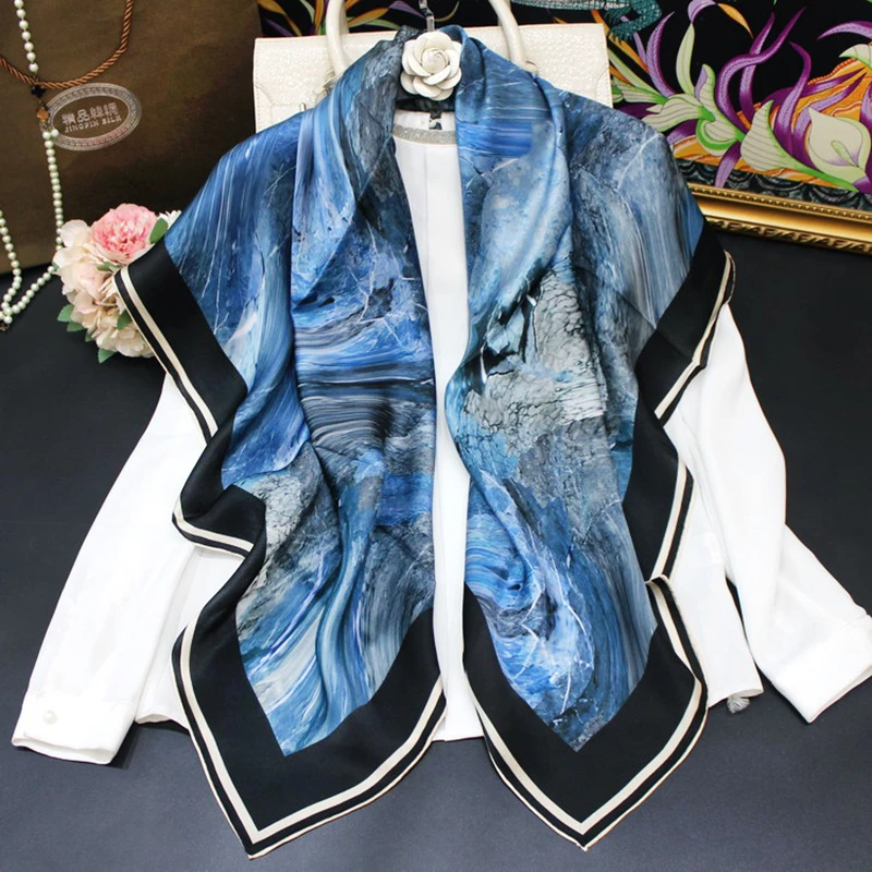 100% Silk Scarf Women Classic Printed Square 110*110cm Handmade Hemming Elegant Scarves Neckerchief New Fashion