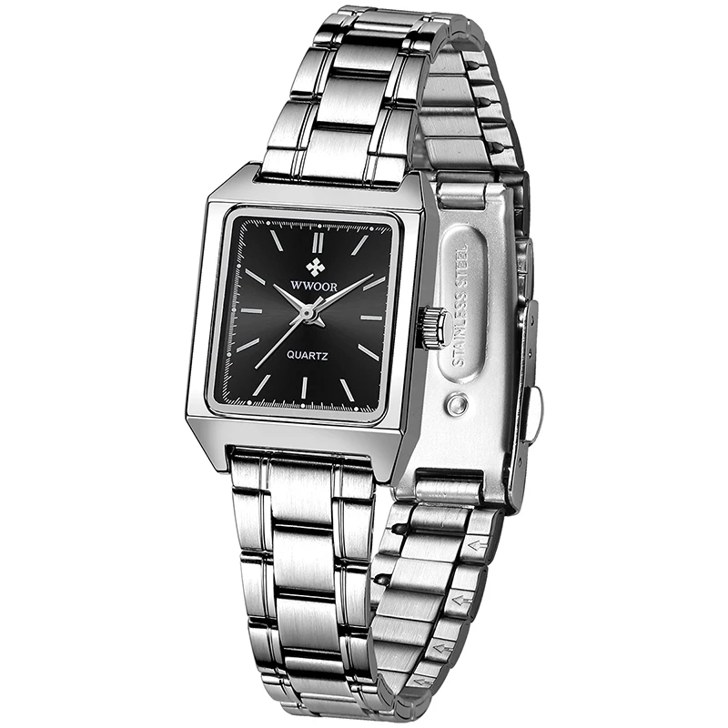 WWOOR-reloj cuadrado de plata para mujer, pulsera de cuarzo de acero completo, elegante, a la moda, nuevo