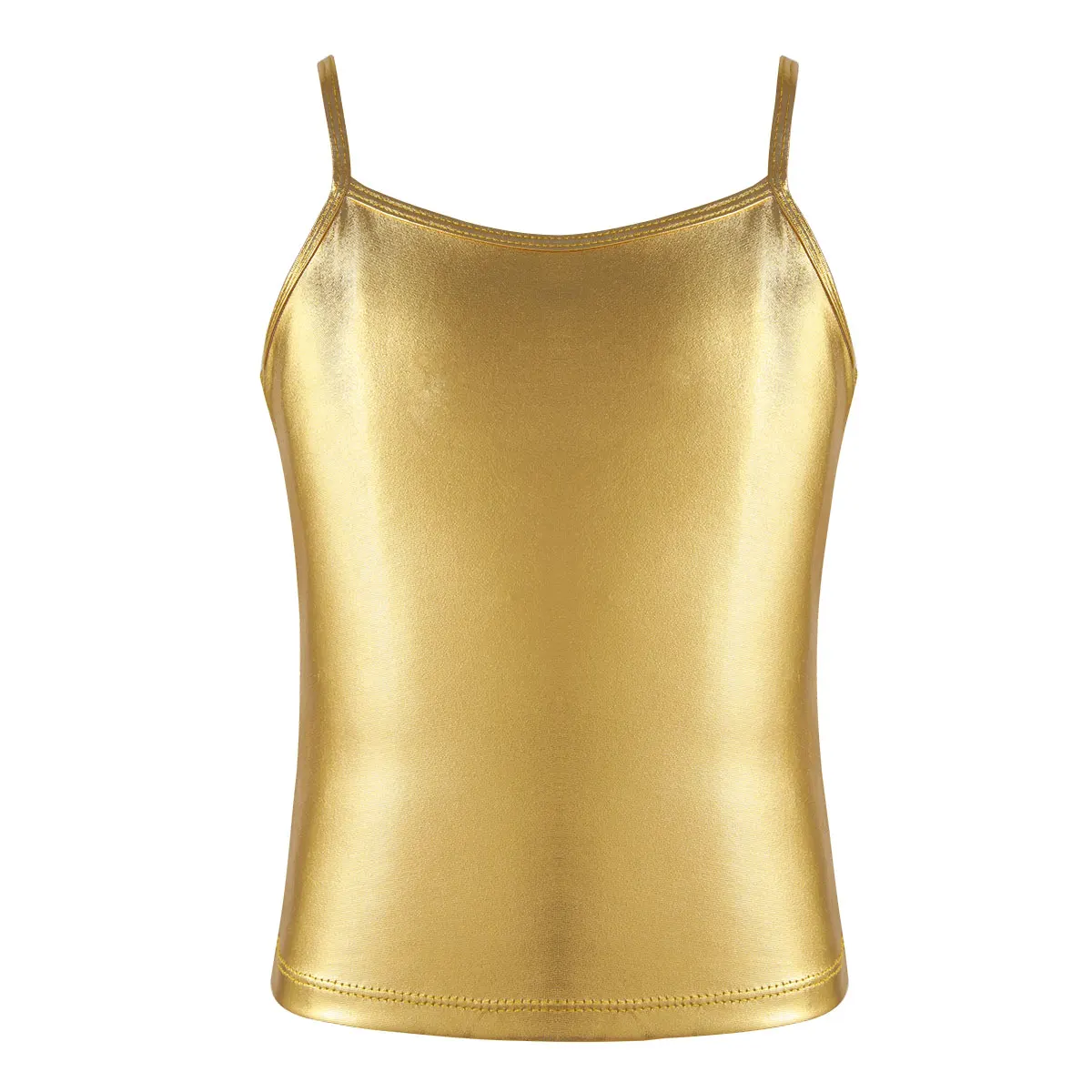 เด็กหญิงเต้นรำ Crop Tops สปาเก็ตตี้สายรัดไหล่ Shiny Metallic Camis Tank Top เสื้อกั๊กสำหรับเต้นรำเวทีการแข่งขัน Performance