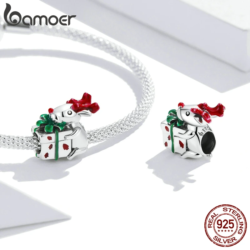 Bamoer 925เงินสเตอร์ลิงน่ารัก Snowman Charms Fit สำหรับ DIY สร้อยข้อมือหรือกำไลข้อมือ Reindeer Charms เครื่องประดับคริสต์มาสของขวัญ