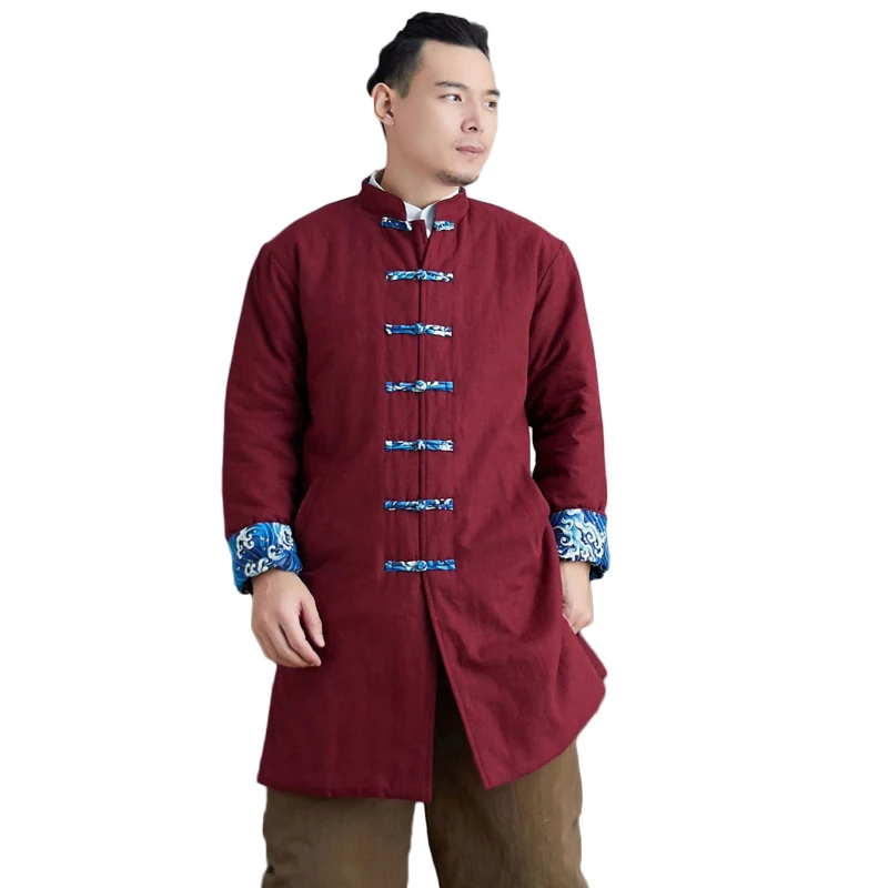 LZJN jaket bantalan katun pria, jaket berlapis katun tradisional Cina, warna kontras kancing gumpalan tebal dan hangat musim dingin 2025