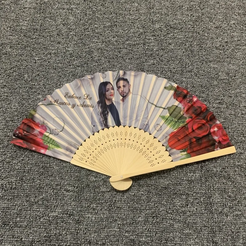 100pcs/lot Customized Silk Fabric Folding Fan with Bride & Groom's Picture & Wedding Date Printed Hand Held Wedding Gift Favor