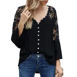 Women Blouse Solid Color Lace Pullover Flare Sleeve V Neck Top See Through Back Large Hem Shirt for Daily Wear