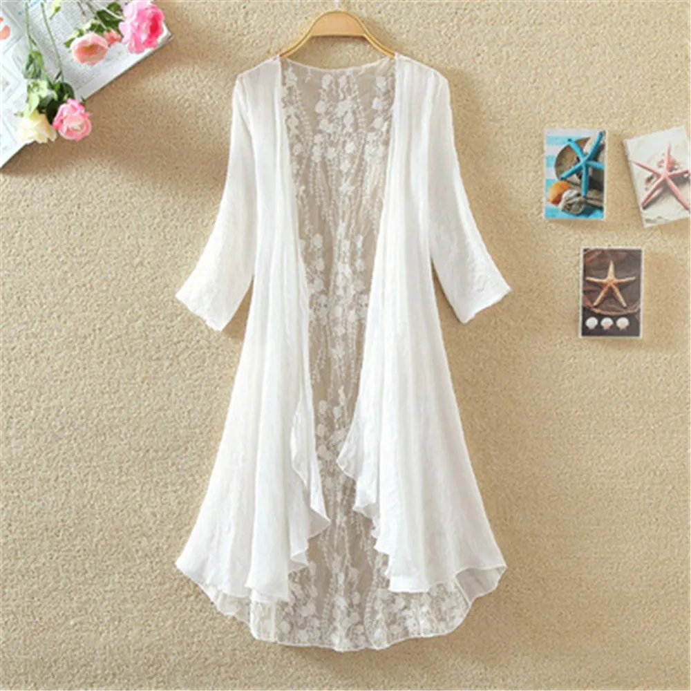 2024 Korean Fashion New Kimono Cardigan Women Lace Summer Cardigan Embroidery Blouse Long Shirt Off White Camisa Feminina Tops