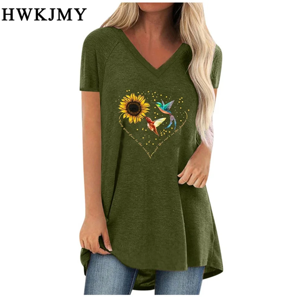 

Summer Women Fashion V-neck Short Sleeve Tee Shirts Loose T-shirts Cotton Floral Printed Tee Solid Color Pullover Tops 8XL