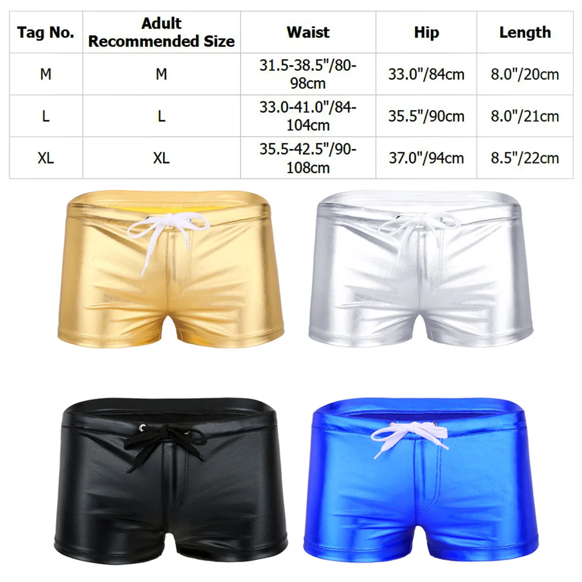 Men Wet Look Patent Leather Boxer Sexy Black Latex Swimming Trunks Drawstring Panties Underwear Clubwear