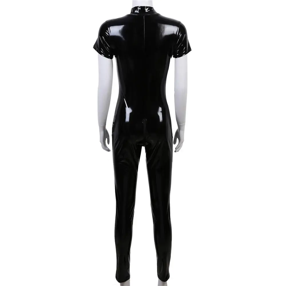 Phụ Nữ Jumpsuit Một Mảnh Bóng Wetlook Bằng Sáng Chế Da Cổ Áo Đứng Nắp Tay Áo Có Dây Kéo Ngực Croptop Leotard Bodysuit Clubwear