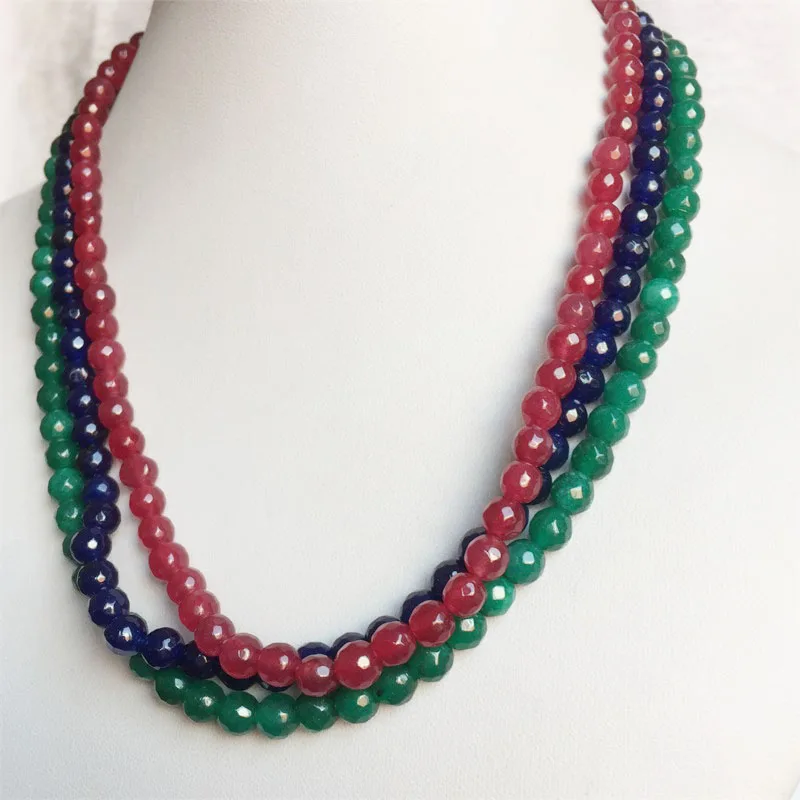 6MM Faceted Sapphire Emerald Ruby Jade Necklace Natural Stone Handmade Bohemia Collier Femme Jewelry Gift Simple Strand Choker