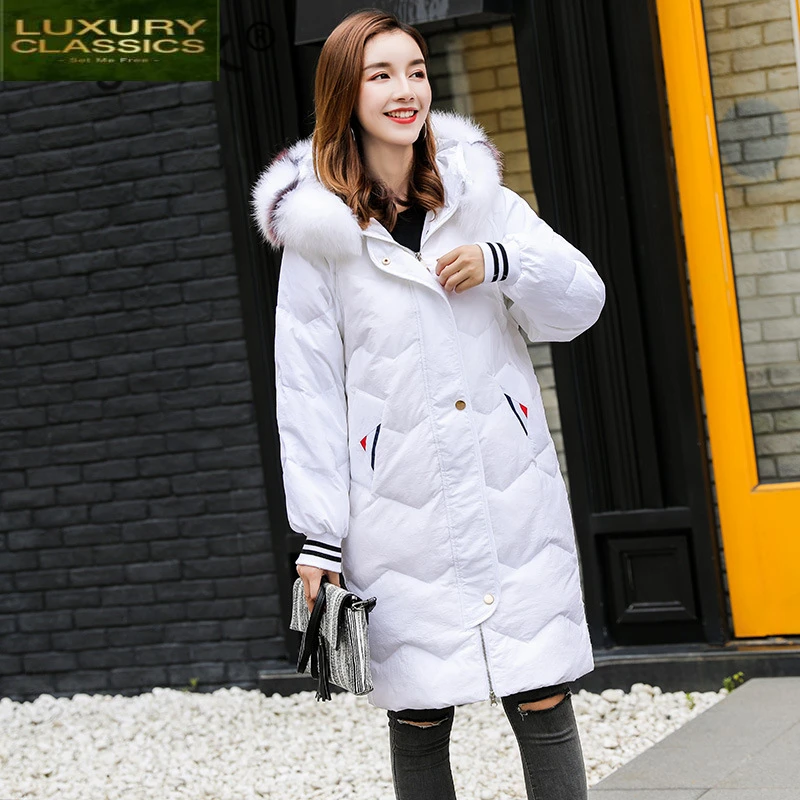 

Jackets Women's Winter Down Thick Warm White Duck Down Coat Female Large Real Raccoon Fur Hooded Long Parka Coats LW1108