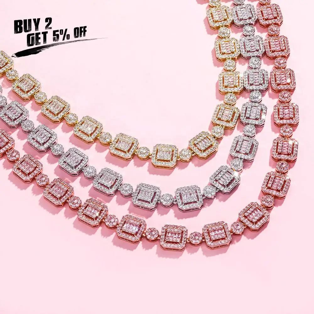 JINAO 13mm Square and Circle Splicing Chain High Quality Iced Out Cubic Zirconia Stone Necklace Hip Hop Fashion Jewelry For Gift