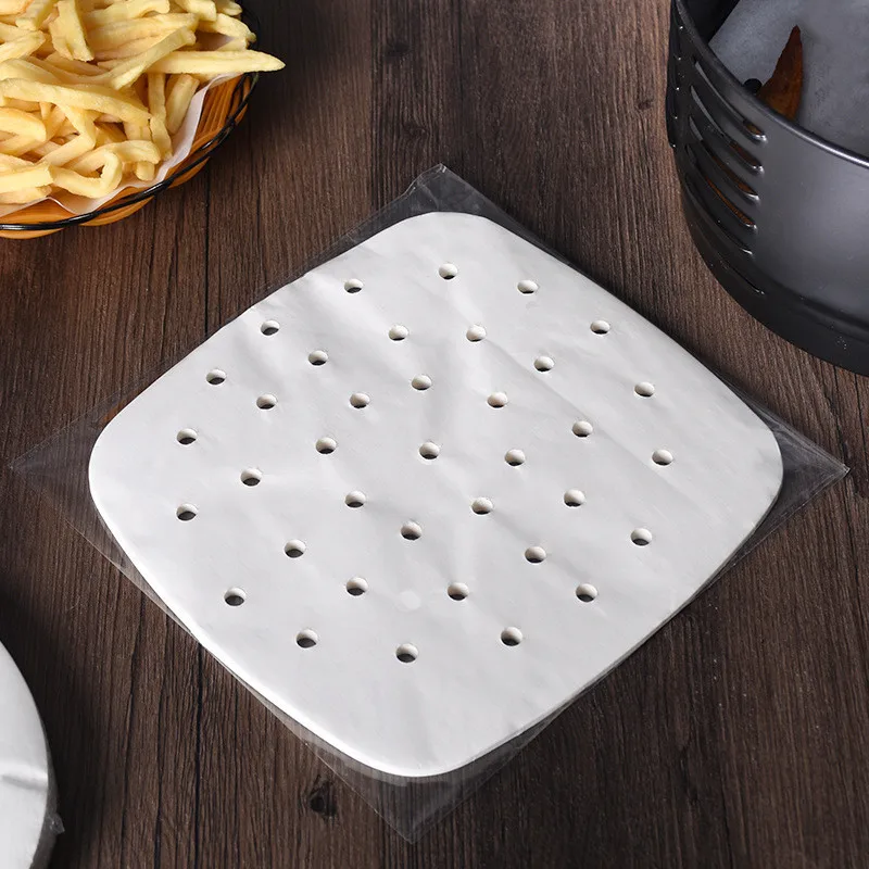 50 Stück quadratische Luftfritteusen Premium perforierte Unterlage Pergament Antihaft-Dampfkorbmatte Backen Speiseölpapier – Detail 4