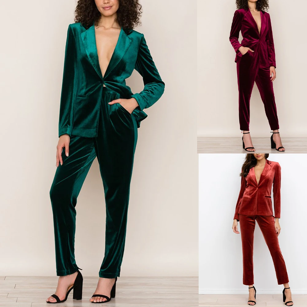 Conjunto de traje a la moda para mujer, traje de terciopelo cálido con moqueta roja, Blazer ajustado para fiesta de noche, ropa Formal para boda (chaqueta + pantalones)