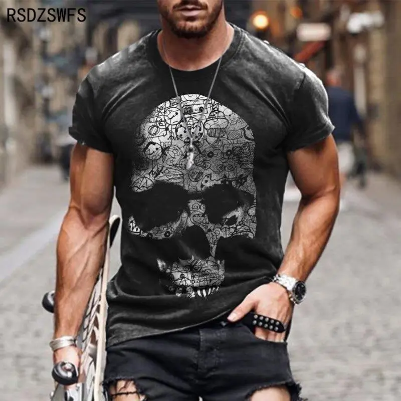 Personality 3D Printing Men\'s T-Shirt Skull Pattern for Men Demon Streetwear Handsome O-Neck Short Sleeves Casual Tshirt Top Tee