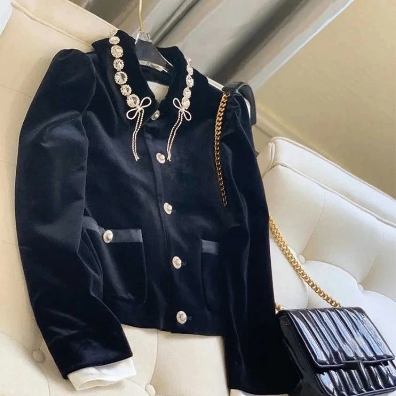 Women Elegant Single Breasted Diamonds Collar Short Jacket Office Lady Spring Autumn Vintage Bowknot Coat Party Slim Fit Jacket