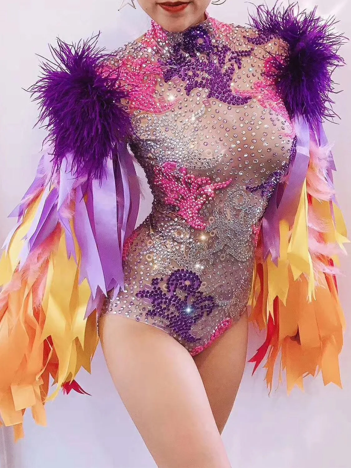 Nightclub Women Dance Show Wear Bodysuit Colored Ribbon Sleeve Feathers Rhinestones Printing Stage Performance Drag Queen Outfit