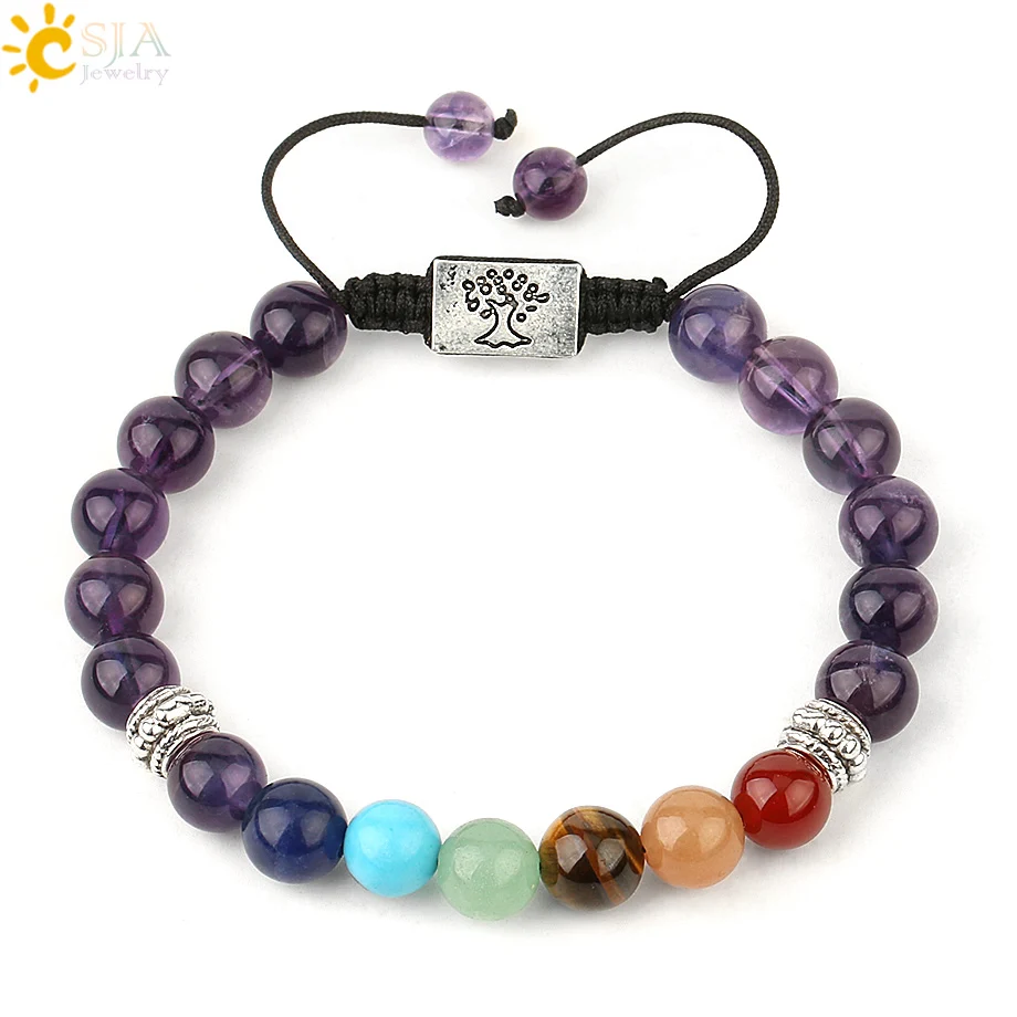 CSJA Yoga 7 Chakra Natural Stones Charm Bracelets Carved Tree of Life Multicolor Resizable Rope Braided Bracelet for Women G204