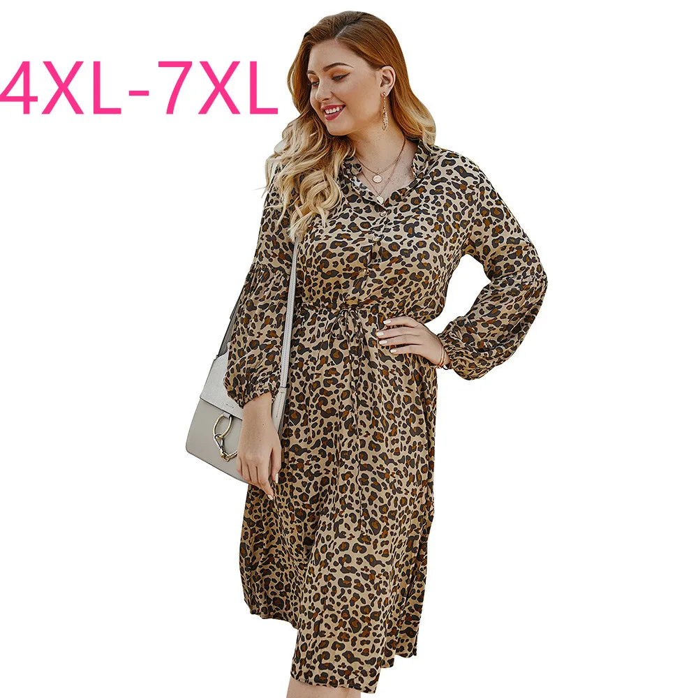 New 2021 spring autumn plus size dresses for women large long sleeve slim casual leopard belt V-neck long dress 4XL 5XL 6XL 7XL