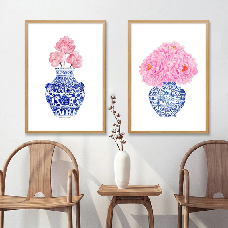 Blue and White China Vase Wall Art Canvas Posters Print Chinoiserie Pink Peony Painting Picture Trending Now Art Home Decoration