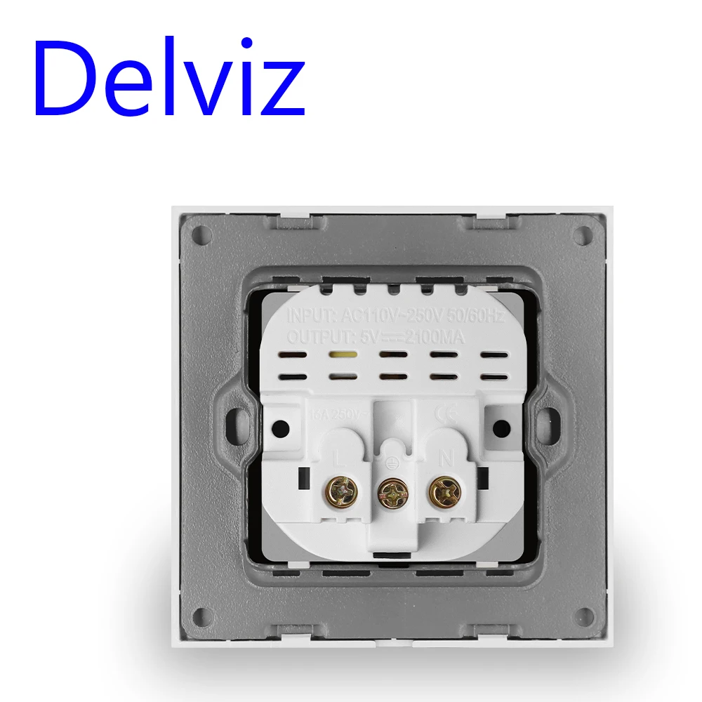 Delviz EU Standard USB Socket, 5V 2A Double usb charging interface, Wall Embedded 16A Power Outlet, Tempered Crystal Glass Panel