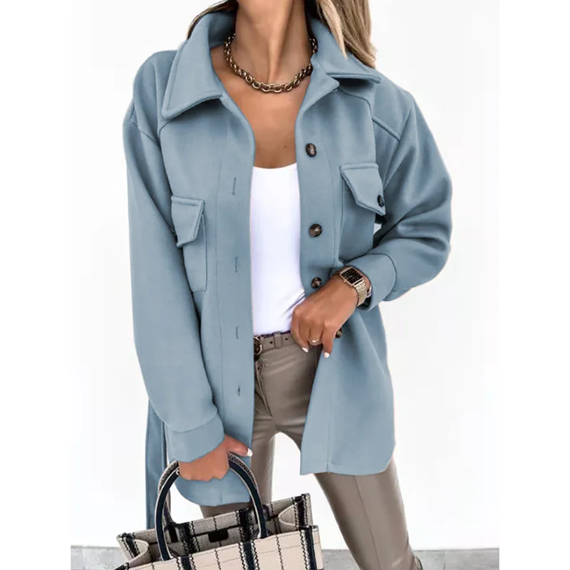 Office Lady Lapel Shirt Jacket Women Autumn Winter Casual Long Sleeve Single Breasted Female Top Coat Thick Solid Loose Coats