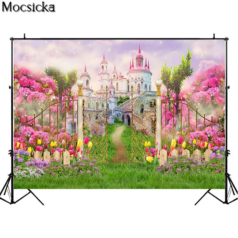 ربيع حلم حديقة خلفيات للتصوير الفوتوغرافي الزهور خرافة العجائب الوردي القلعة الأميرة عيد ميلاد صورة خلفية الصورة