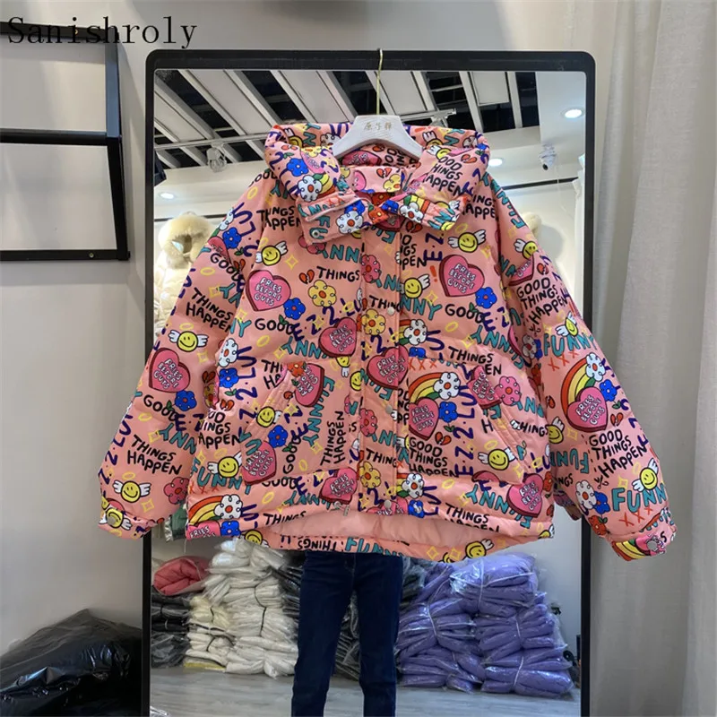 

2021 New Autumn Winter Women Warm Thicken 90% White Duck Down Coat Parka Female Graffiti Print Hodded Down Jacket Outerwear Tops