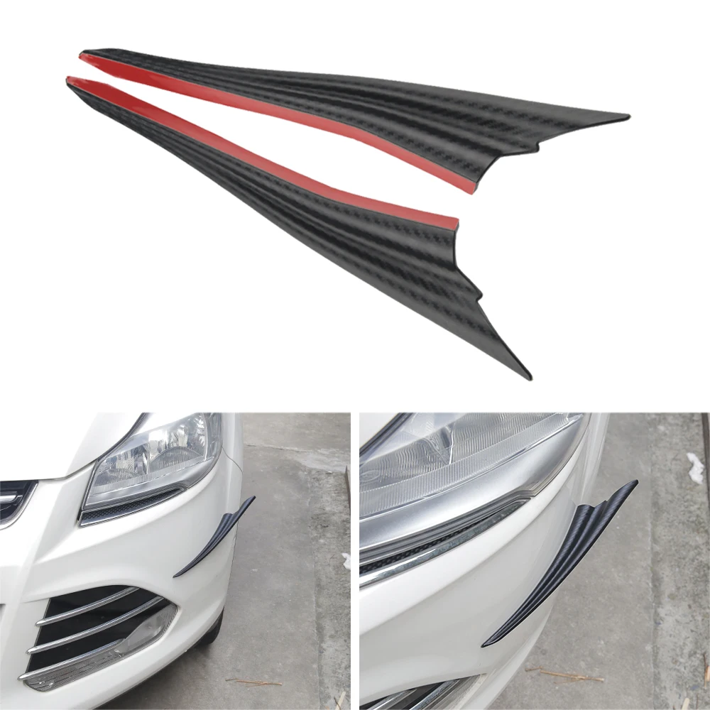 2pcs Universal Black Carbon Fiber Car Styling Accessories Front Bumper Lip Rubber Fin Splitter Spoiler Canard Valence Sticker