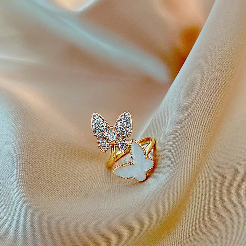 Double Butterfly Rings for Women Opening Adjustable Index Finger Ring Rhinestone Ring Luxury Jewelry Temperament Accessories