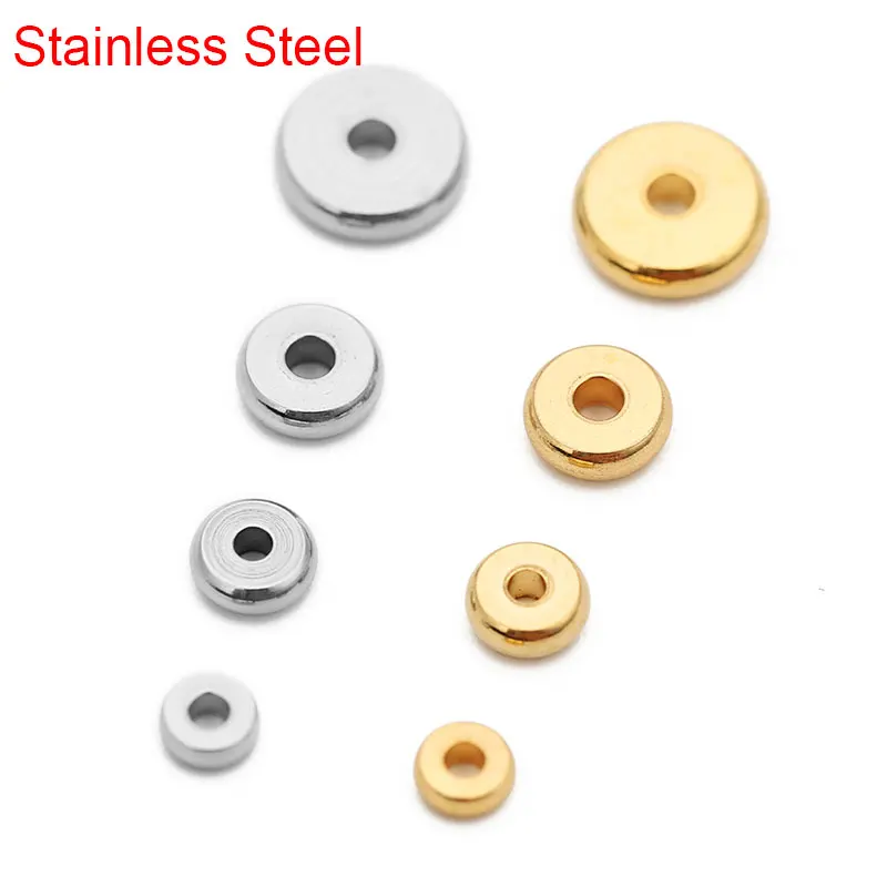 20/50pcs Stainless Steel Flat Spacer Beads Lot 4 5 6 8mm Gold Color Loose Large Hole Charm Beads For Bracelet Diy Jewelry Making