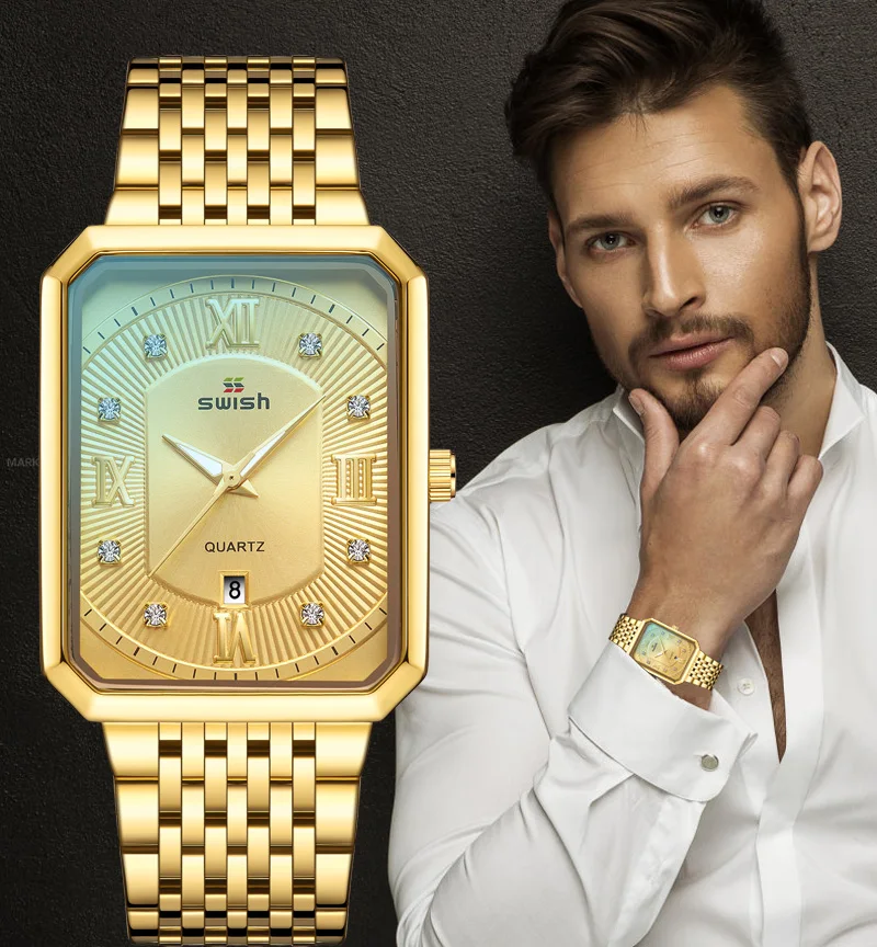 Golden Watches Men Top Brand Luxury Fashion Rectangle Quartz Wrist Watch Mens Waterproof Business Clock Steel Relogios Masculino