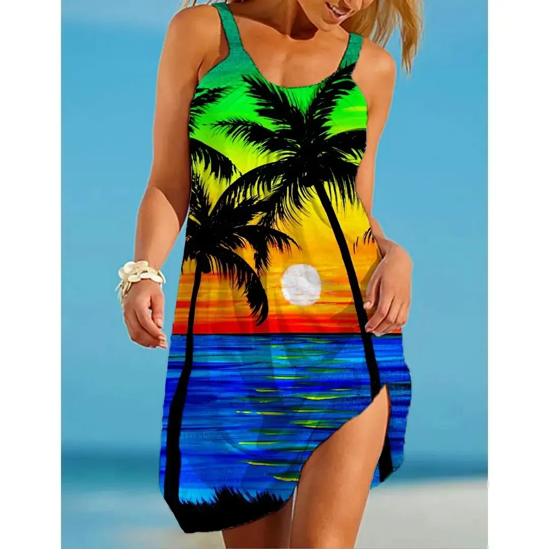 Nowa damska sukienka plażowa Boho Nature Scenery 3D Print Off Shoulder Sleeveless Sundress Summer Holiday Beachwear Woman Night Dresses