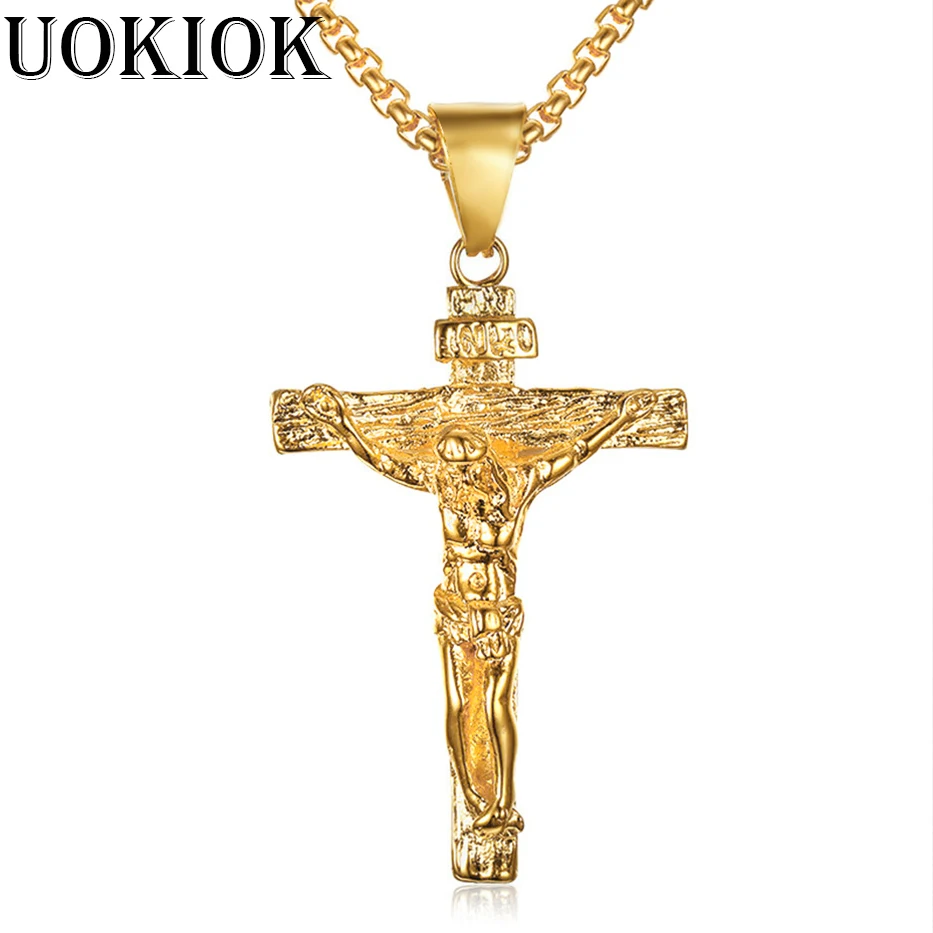 Gold Color Christian Stainless Steel Pendant Necklace for Men Women Fashion Jewelry Crucifix Jesus Cross Chain