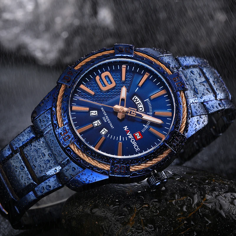 NAVIFORCE Mens WristWatch Blue Full Steel Date Waterproof Top Luxury Quartz Men Watches Fashion Creative Clock Relogio Masculino