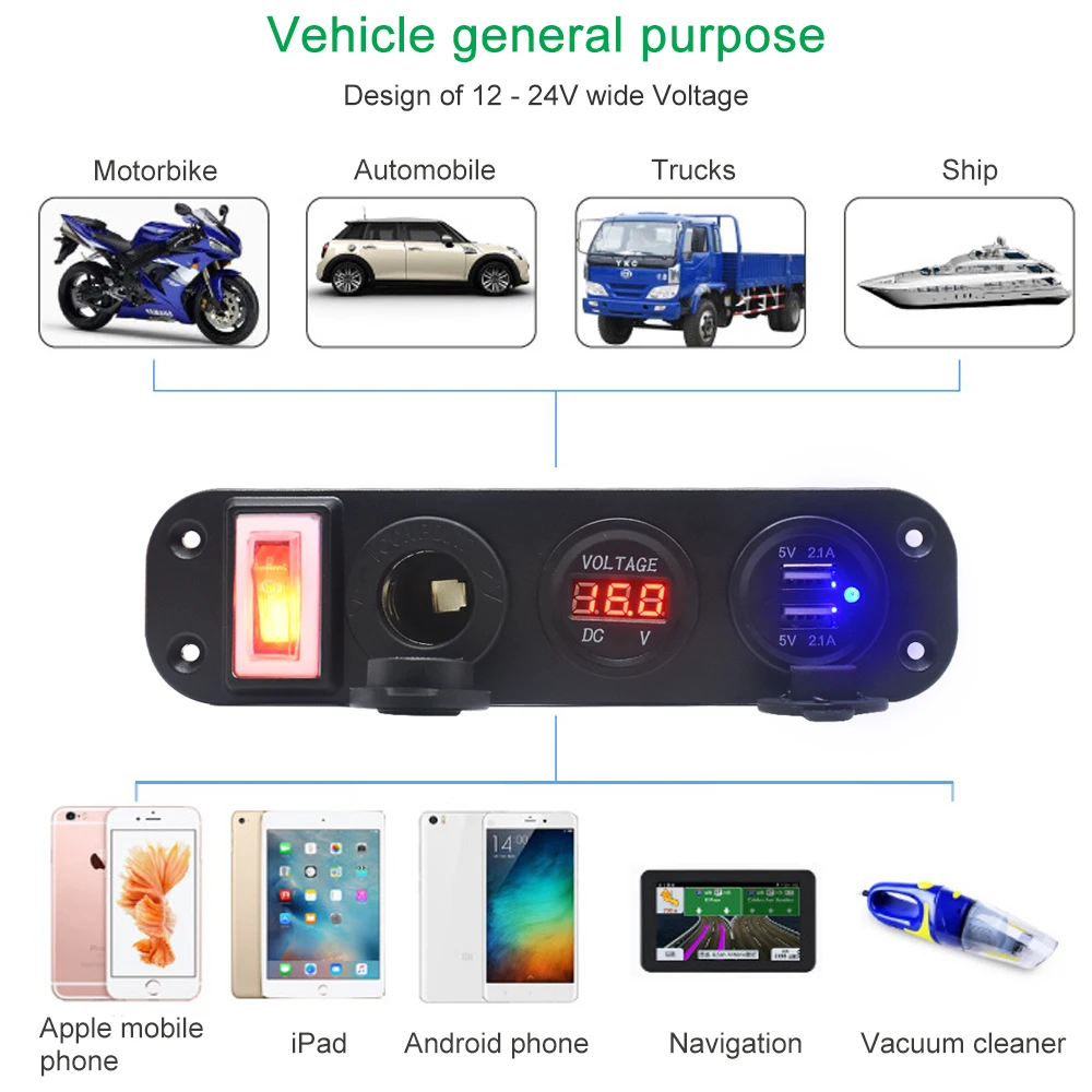 Car Cigarette USB Lighter Digital Voltmeter Dual USB Power Charger 12V Power Socket Waterproof Dustproof With Rocker Switch