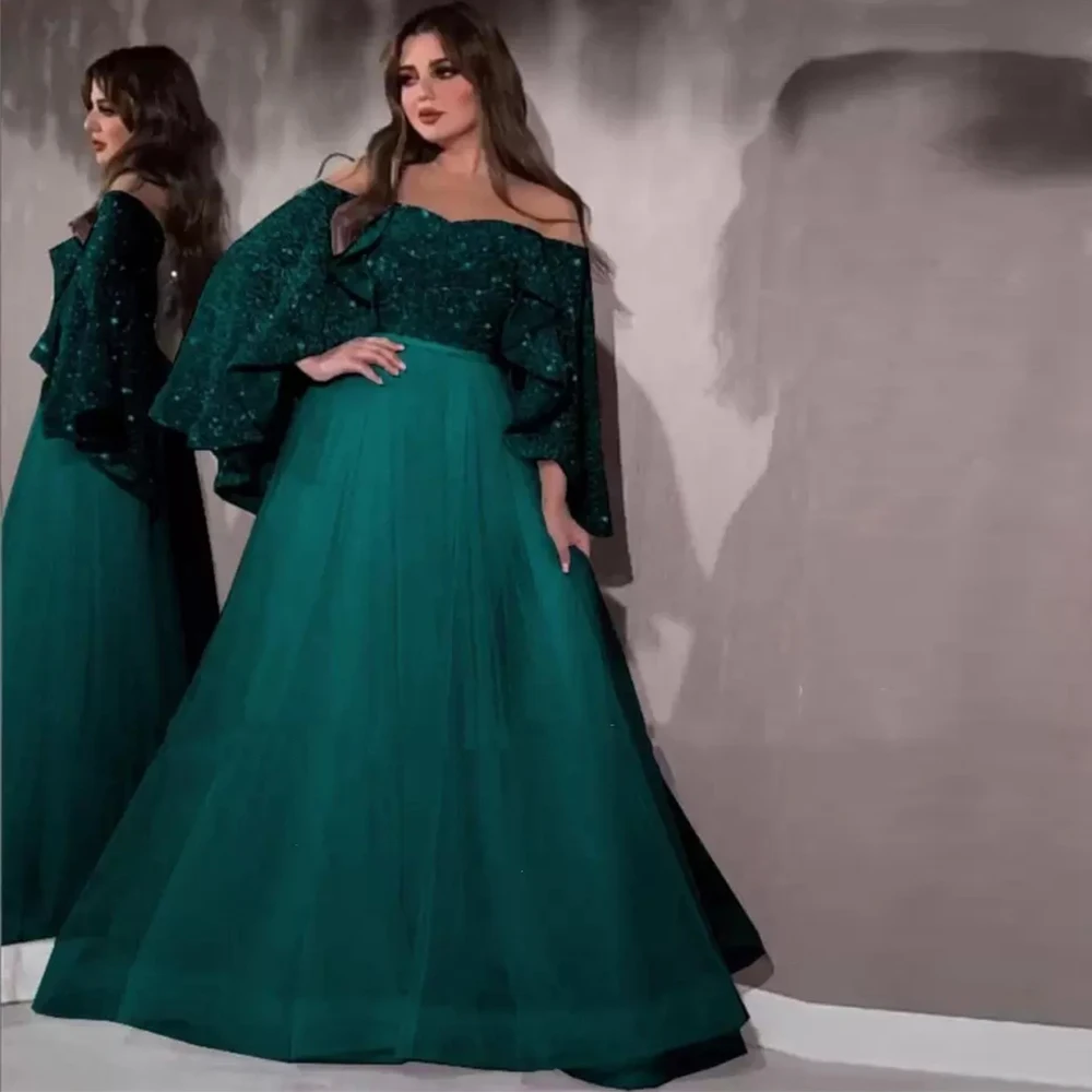 

Elegant Saudi Arabia Dark GreenSequined Top Evening Dresses Cape Sleeve Tulle A Line Women Formal Prom Dress Customize платье