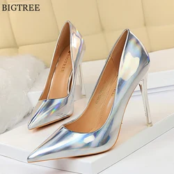 Bright Patent Leather Ladies Work Shoes Autumn Shallow Fashion Women Pumps Pointy Toe High Heels Sexy Party Shoe Woman Plus Size