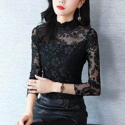 Women's Spring Autumn Style Lace Blouse Shirt Women's Stand Collar Solid Color Printing Long Sleeve Slim Sexy Tops SP1356