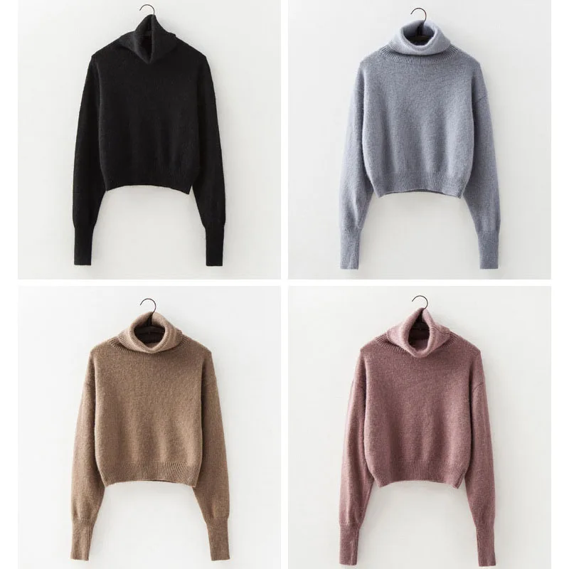 Loose Fit Cropped Wool Turtleneck Sweater Fall Winter Jumper Women