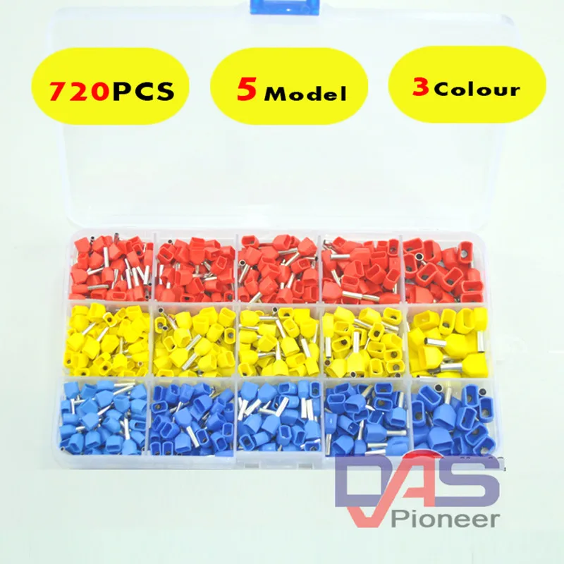 720pcs a lot  twins Dual Bootlace Ferrule teminator Kit Electrical Crimp Dual entry cord end wire terminal connector