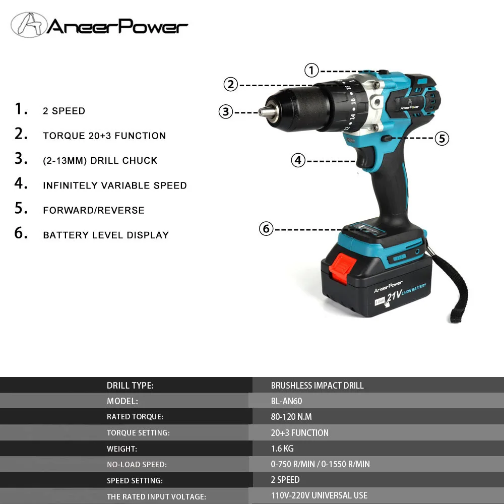 13MM Chuck Brushless 21V Impact Power Electric Screwdriver Ice Fishing 2 Speed Wireless Cordless Drill 4000 Mah Lithium Battery