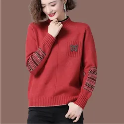 Autumn Winter Knitted Red Sweater Women Casual Embroidered Clothing Long Sleeve Loose Sweaters Pullovers Female Tops