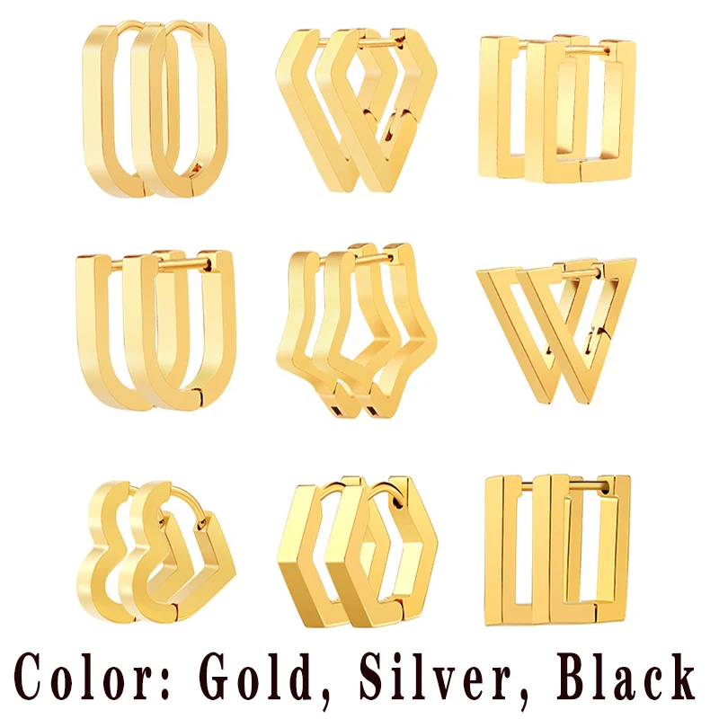 2021New Vintage Punk Stainless Steel Heart Hoop Earrings Men's Women's Trend Ear Buckle Sleeper Earrings Gift Gold Silver Black