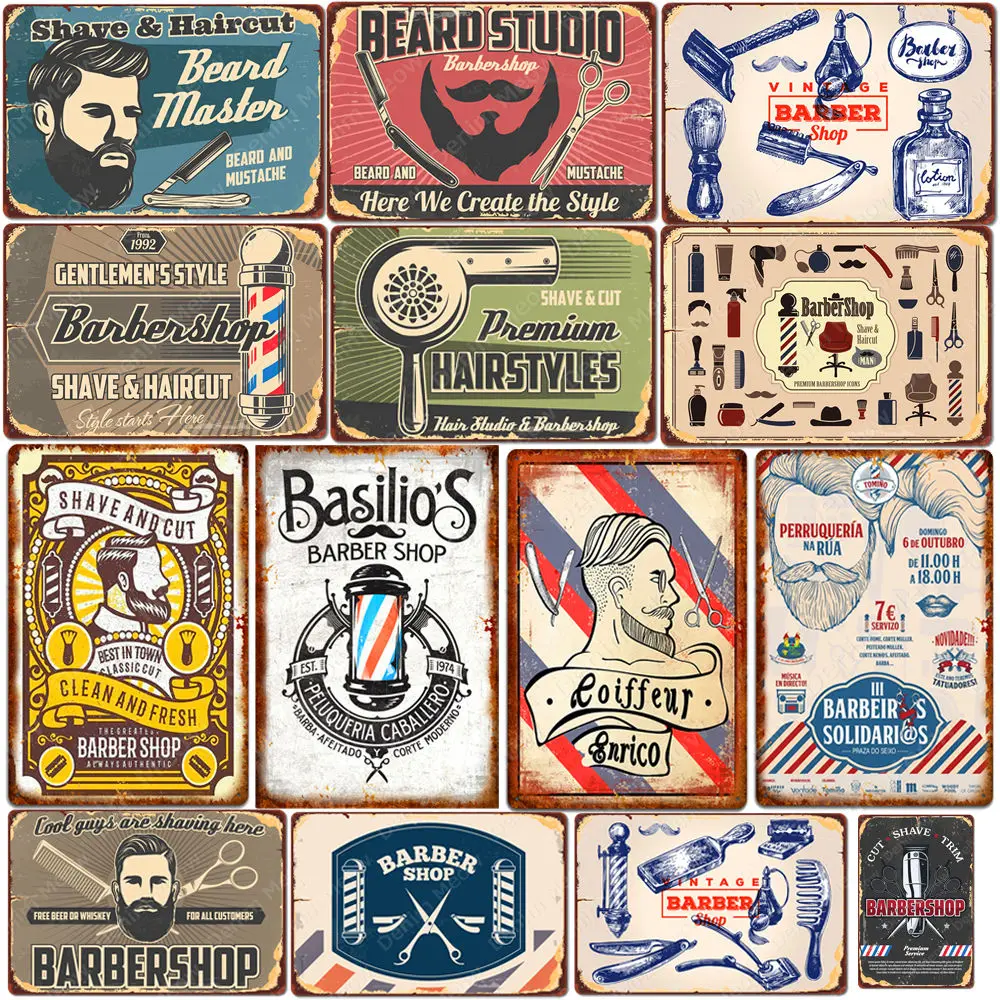 Barba estúdio placa barbearia metal estanho sinais bar pub decoração de casa barbear corte de cabelo cartaz de parede penteados vintage estanho sinal mn164