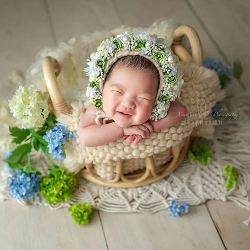 Newborn Photography Props Hand Made Retro Primary Color Rattan Basket Baby Photo Shoot Posing Bed Furniture Boy Girl Accessories