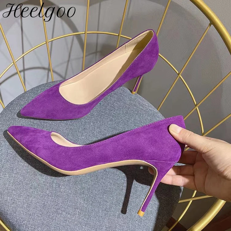 Heelgoo Purple Flock Women Pointy Toe High Heel Formal Dress Shoes Elegant Ladies Classic Suede Stiletto Pumps Colors Customize