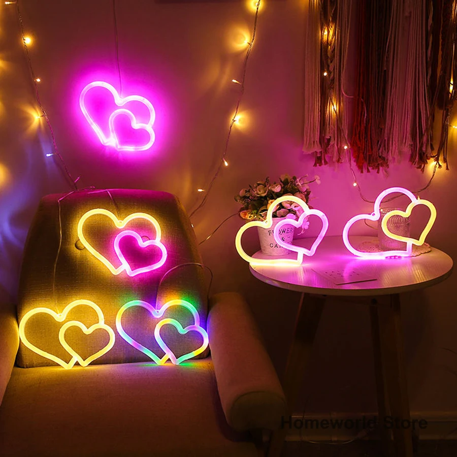 LED Love Heart-to-heart Neon Light Sign Double Heart Modeling Lamp Couples Lovers Confession Decor Room Party USB/Battery Power