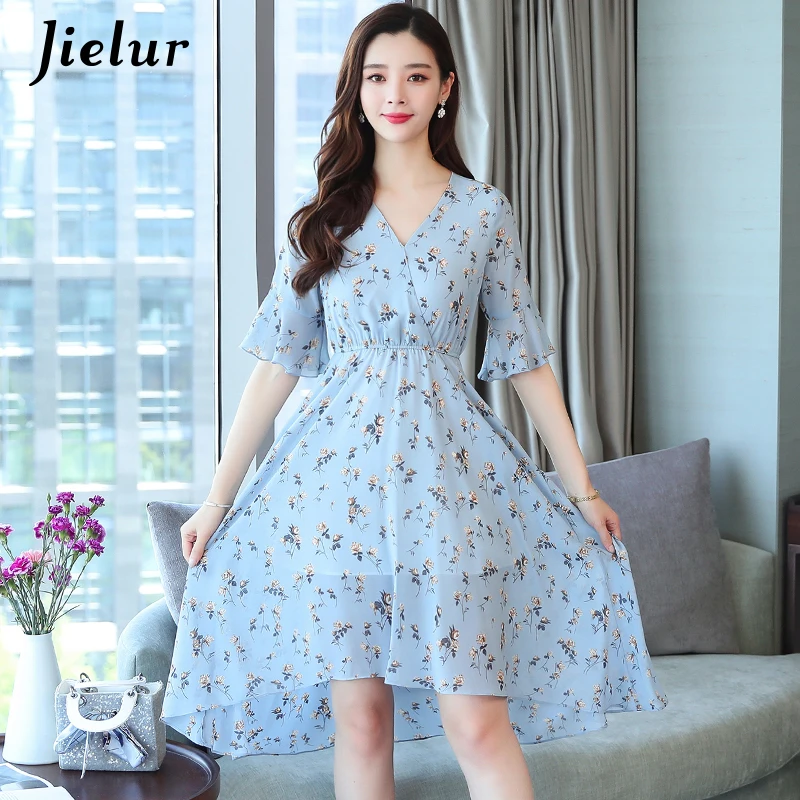 Jielur Chiffon Zomer Jurk Korte Mouwen Bloemen Gewaad Femme V-hals Elastische Taille Vakantie Vrouwen Jurk Boho Leisure Abiti Donna